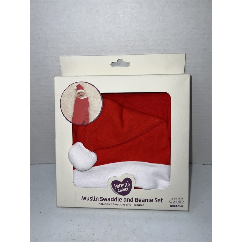 Parent's Choice Muslin Swaddle and Beanie Set Santa Swaddle Size NIB Christmas